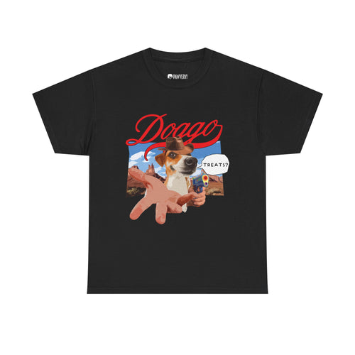 Black t-shirt with a graphic of a dog holding a bone and the text 'Doago' on a white background.