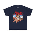 Navy blue t-shirt with a graphic of a dog holding a bone and the word 'Dooga' on a white background