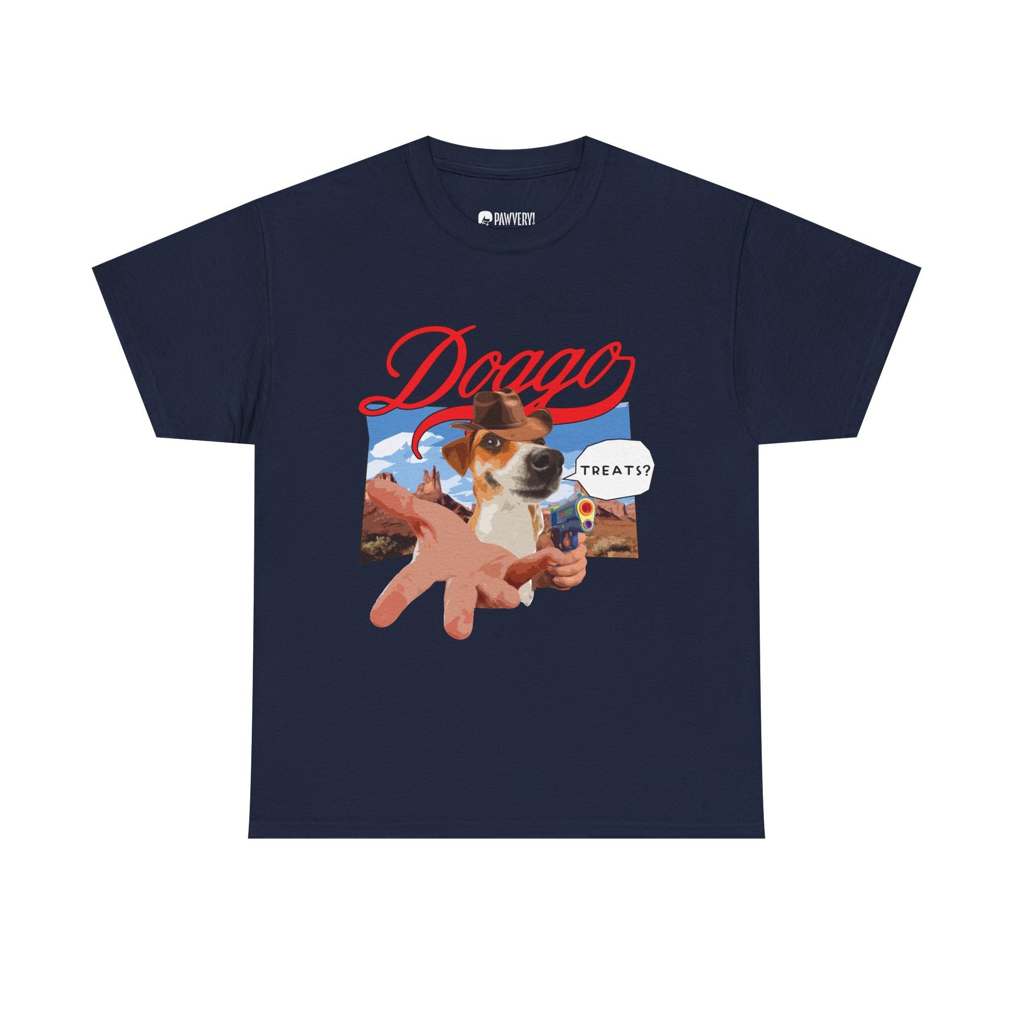 Navy blue t-shirt with a graphic of a dog holding a bone and the word 'Dooga' on a white background