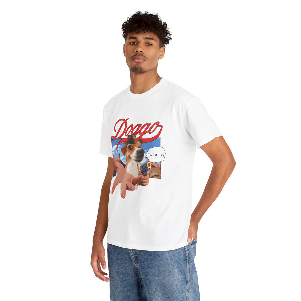 Person wearing a pink t-shirt with a graphic of a dog and text on a white background