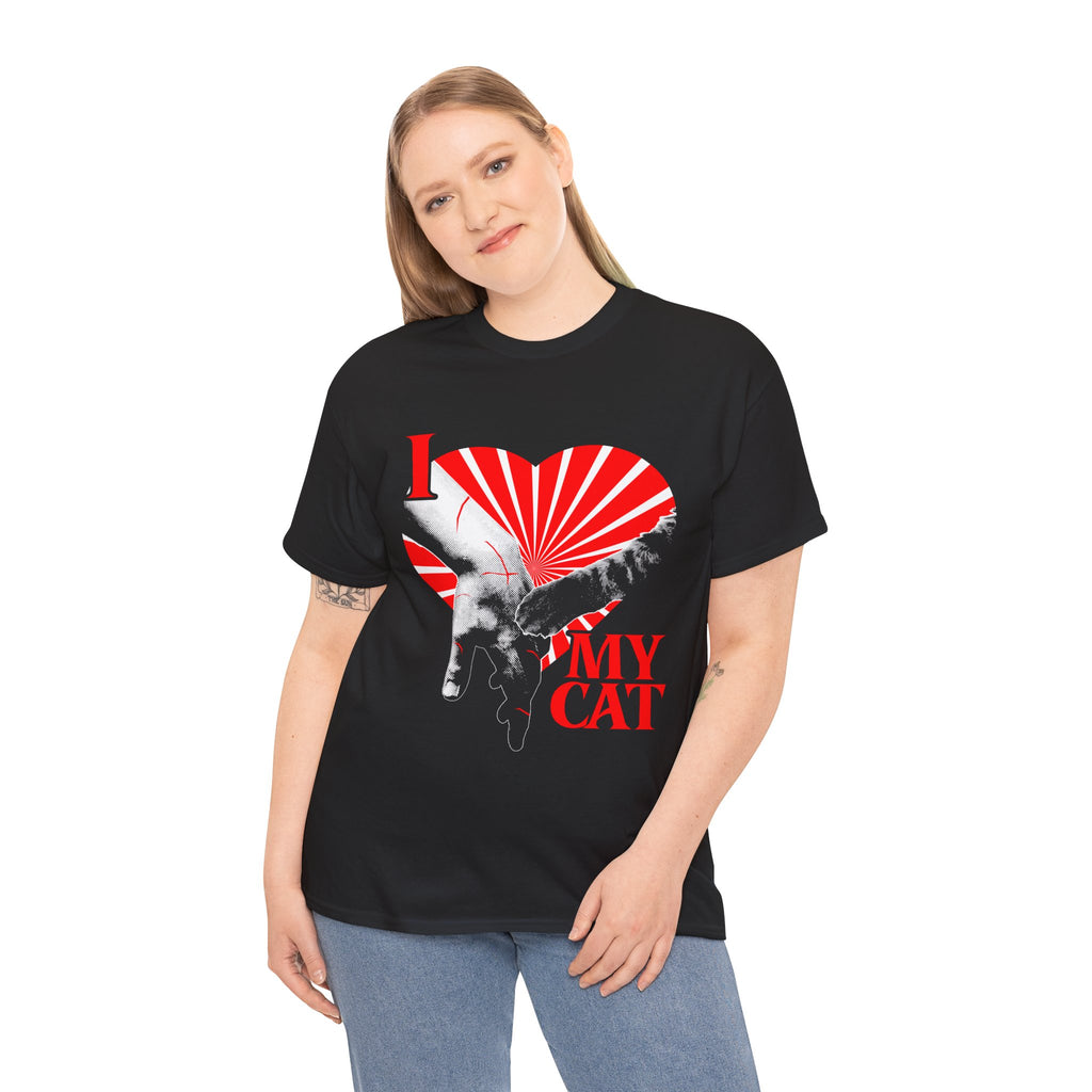 A graphic tee on a lady displaying a funny classical art parody of a scratch-marked human hand and a cat paw over a red heart, reading 'I MY LOVE CAT' in a bold vintage font.