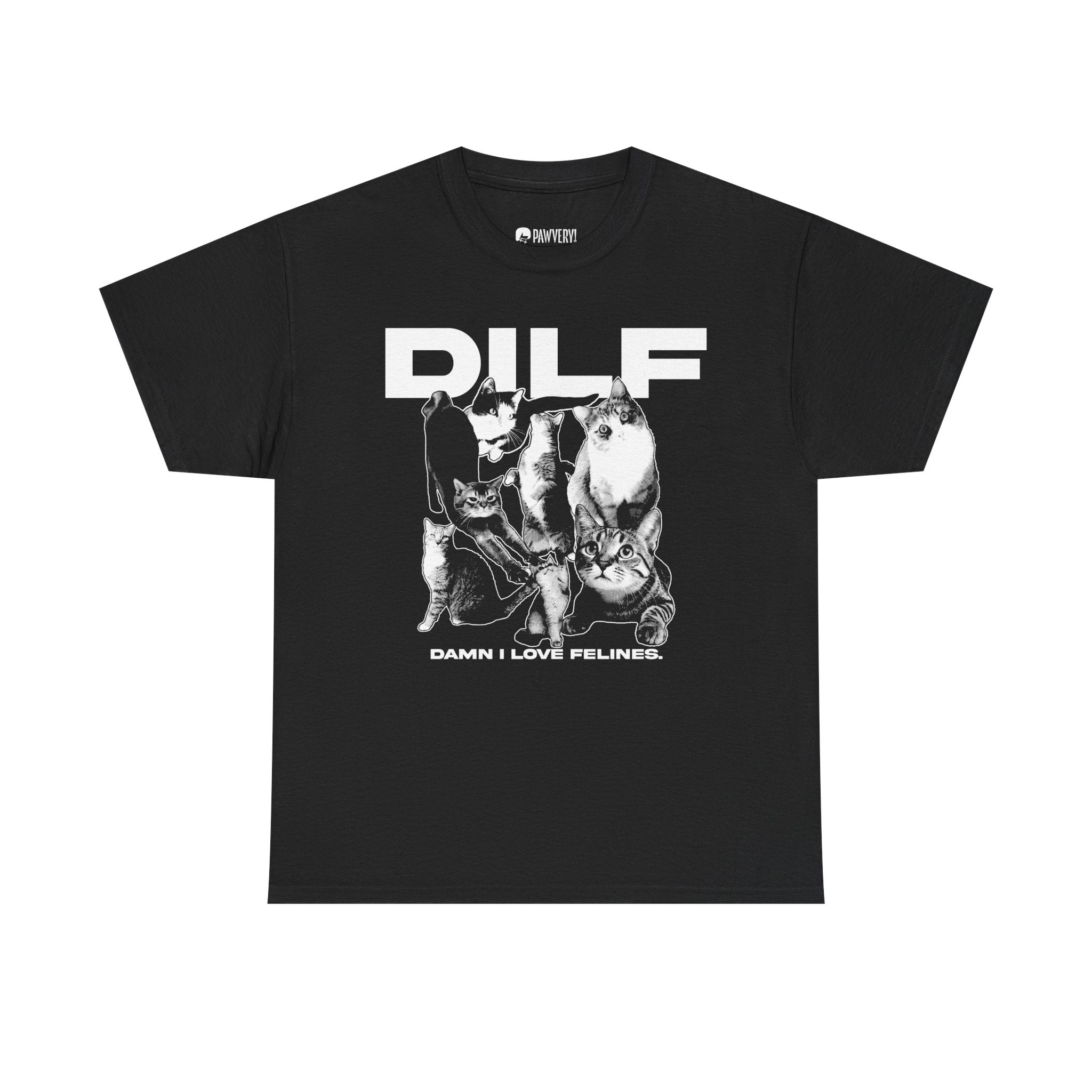 A black vintage-style graphic tee displaying a collage of different domestic cats in black and white tones with the humorous acronym text 'DILF' standing for 'Damn I Love Felines'.