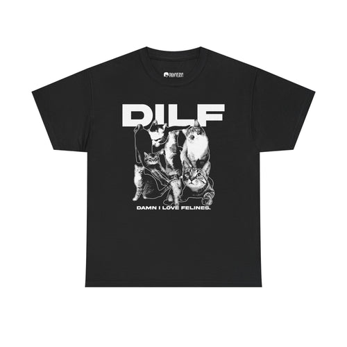 A black vintage-style graphic tee displaying a collage of different domestic cats in black and white tones with the humorous acronym text 'DILF' standing for 'Damn I Love Felines'.