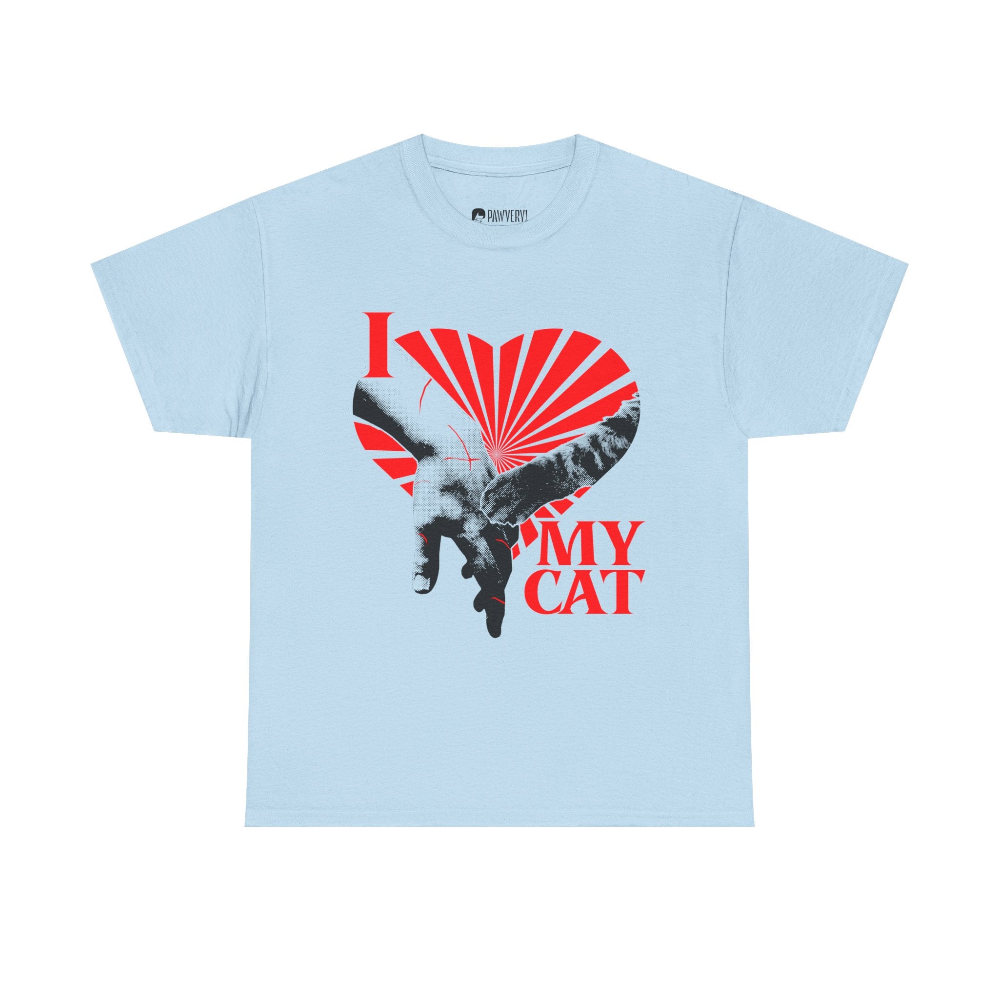 A graphic tee displaying a funny classical art parody of a scratch-marked human hand and a cat paw over a red heart, reading 'I MY LOVE CAT' in a bold vintage font.