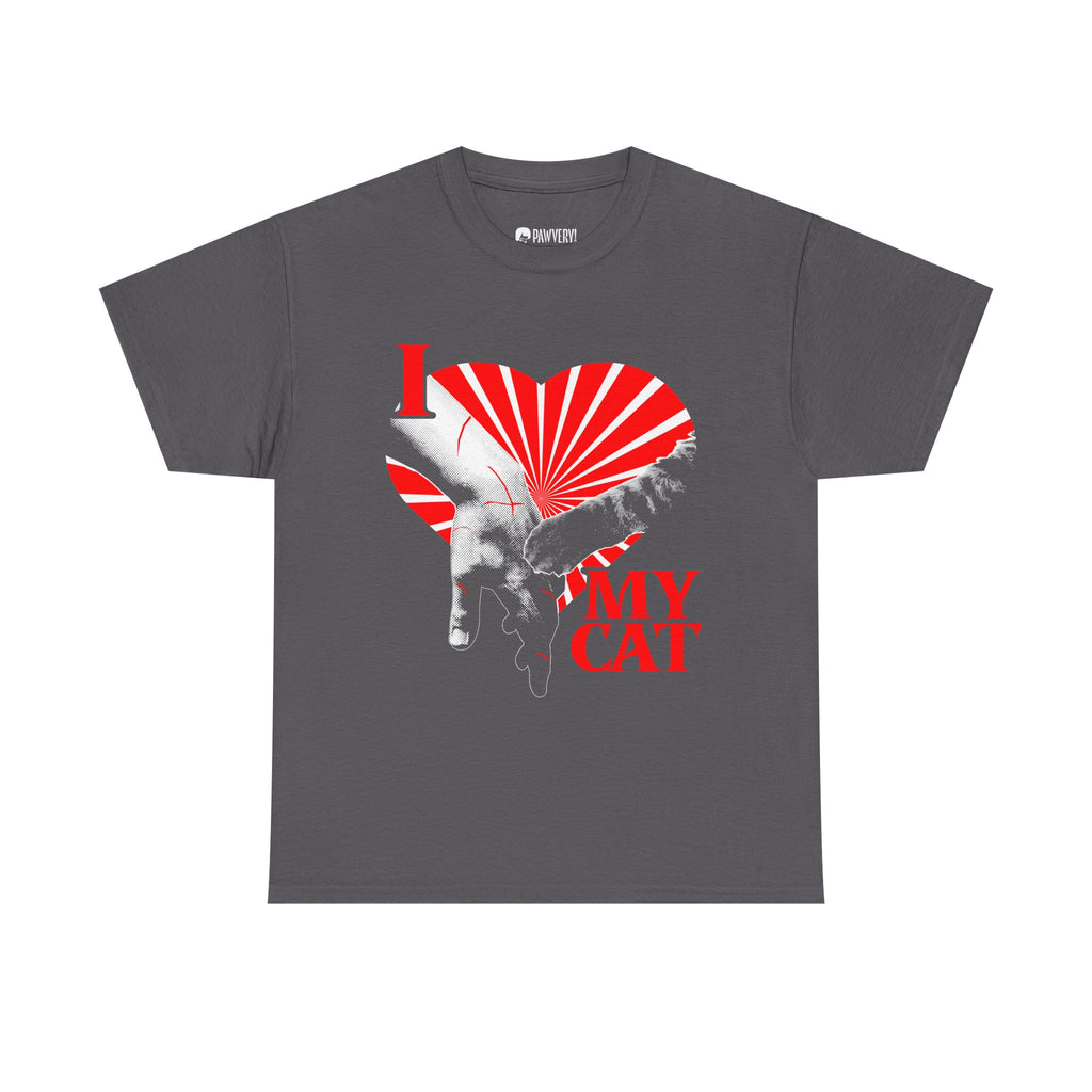 A graphic tee displaying a funny classical art parody of a scratch-marked human hand and a cat paw over a red heart, reading 'I MY LOVE CAT' in a bold vintage font.