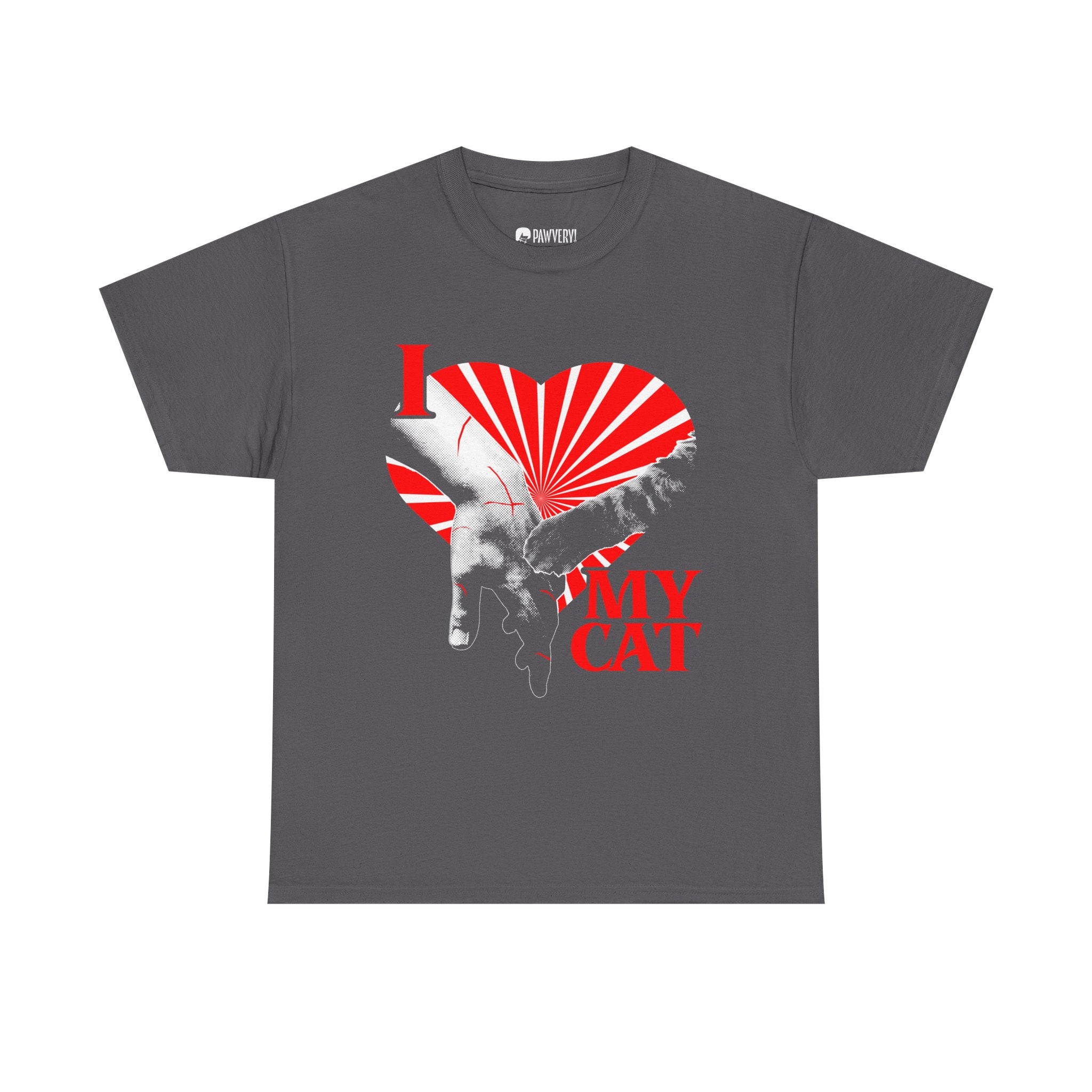 A graphic tee displaying a funny classical art parody of a scratch-marked human hand and a cat paw over a red heart, reading 'I MY LOVE CAT' in a bold vintage font.