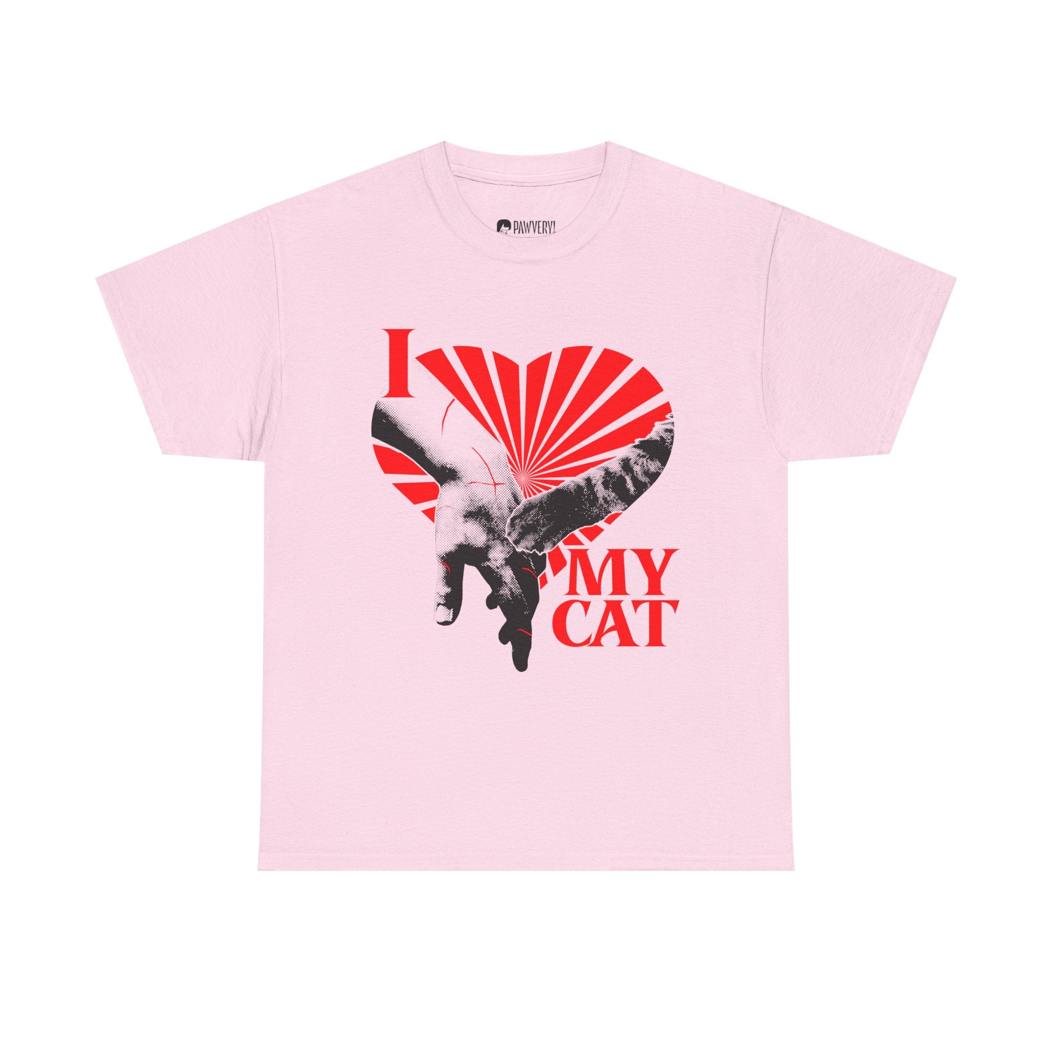 A graphic tee displaying a funny classical art parody of a scratch-marked human hand and a cat paw over a red heart, reading 'I MY LOVE CAT' in a bold vintage font.