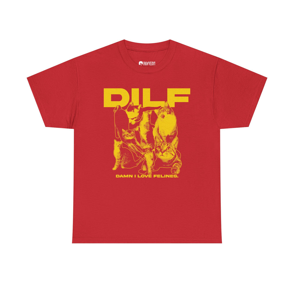 A red vintage-style graphic tee displaying a collage of different domestic cats in black and white tones with the humorous acronym text 'DILF' standing for 'Damn I Love Felines'.