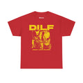 A red vintage-style graphic tee displaying a collage of different domestic cats in black and white tones with the humorous acronym text 'DILF' standing for 'Damn I Love Felines'.