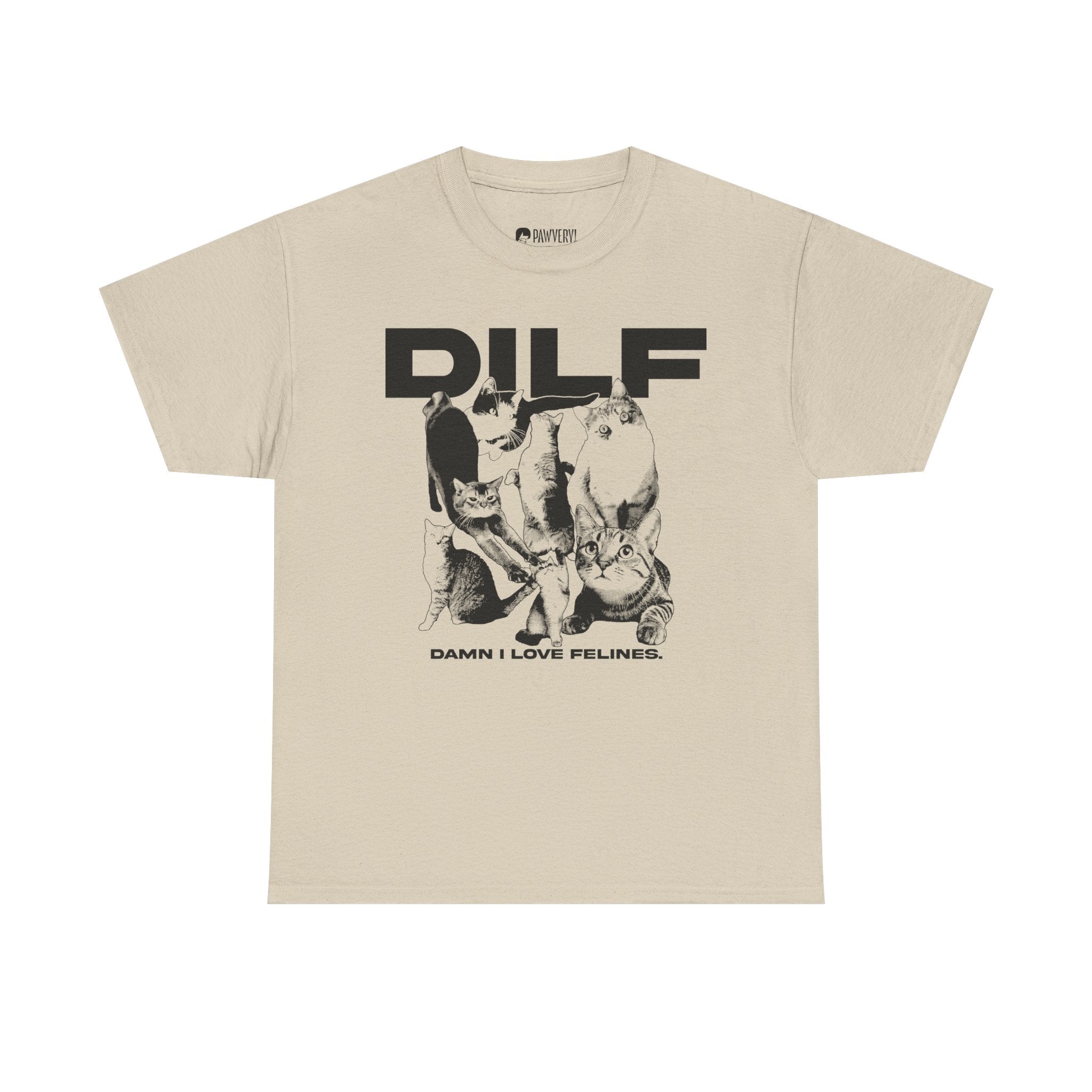 A sand vintage-style graphic tee displaying a collage of different domestic cats in black and white tones with the humorous acronym text 'DILF' standing for 'Damn I Love Felines'.