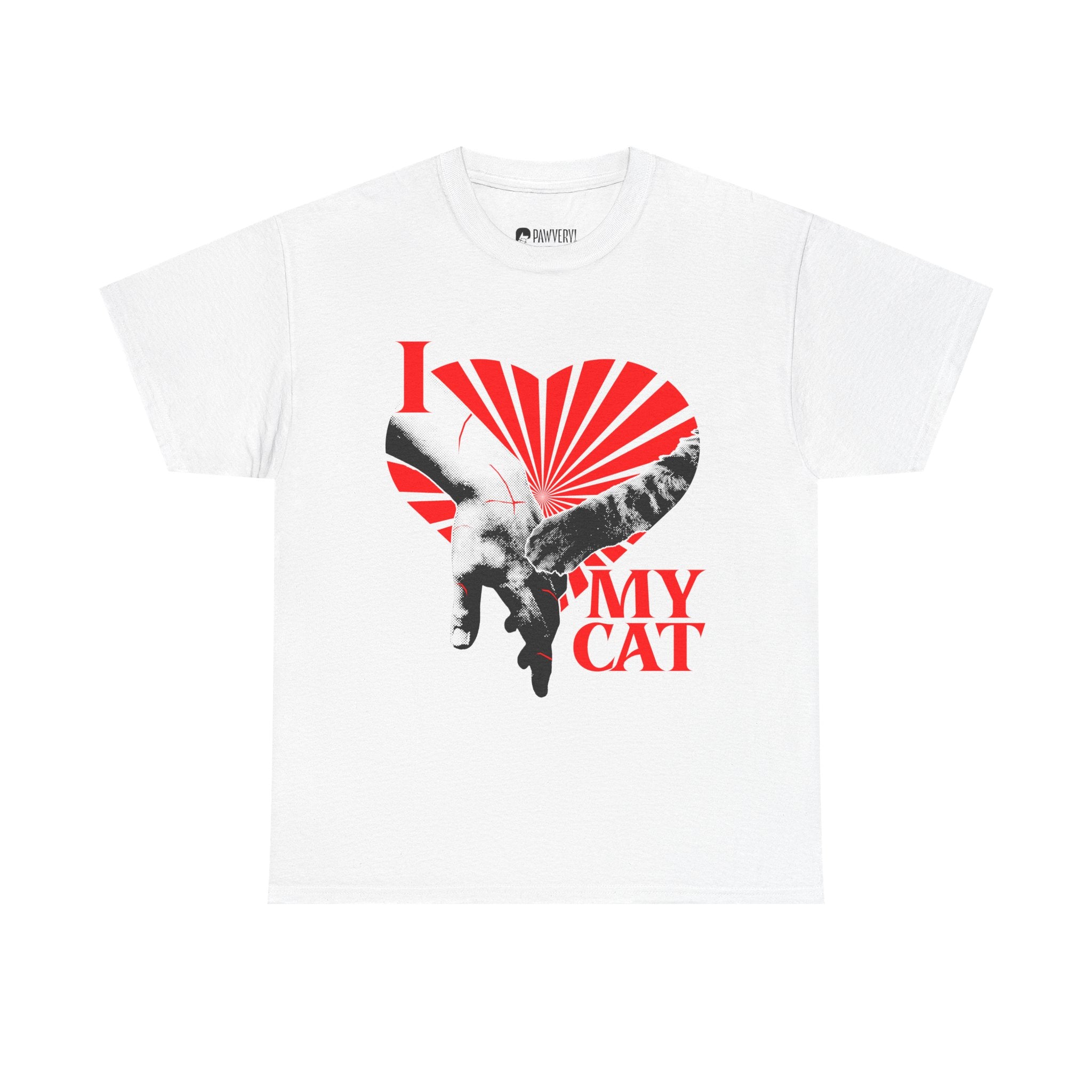 A graphic tee displaying a funny classical art parody of a scratch-marked human hand and a cat paw over a red heart, reading 'I MY LOVE CAT' in a bold vintage font.