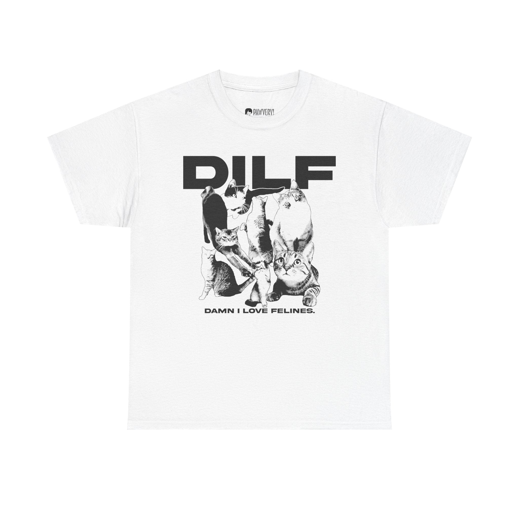 A white vintage-style graphic tee displaying a collage of different domestic cats in black and white tones with the humorous acronym text 'DILF' standing for 'Damn I Love Felines'.