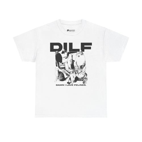 A white vintage-style graphic tee displaying a collage of different domestic cats in black and white tones with the humorous acronym text 'DILF' standing for 'Damn I Love Felines'.