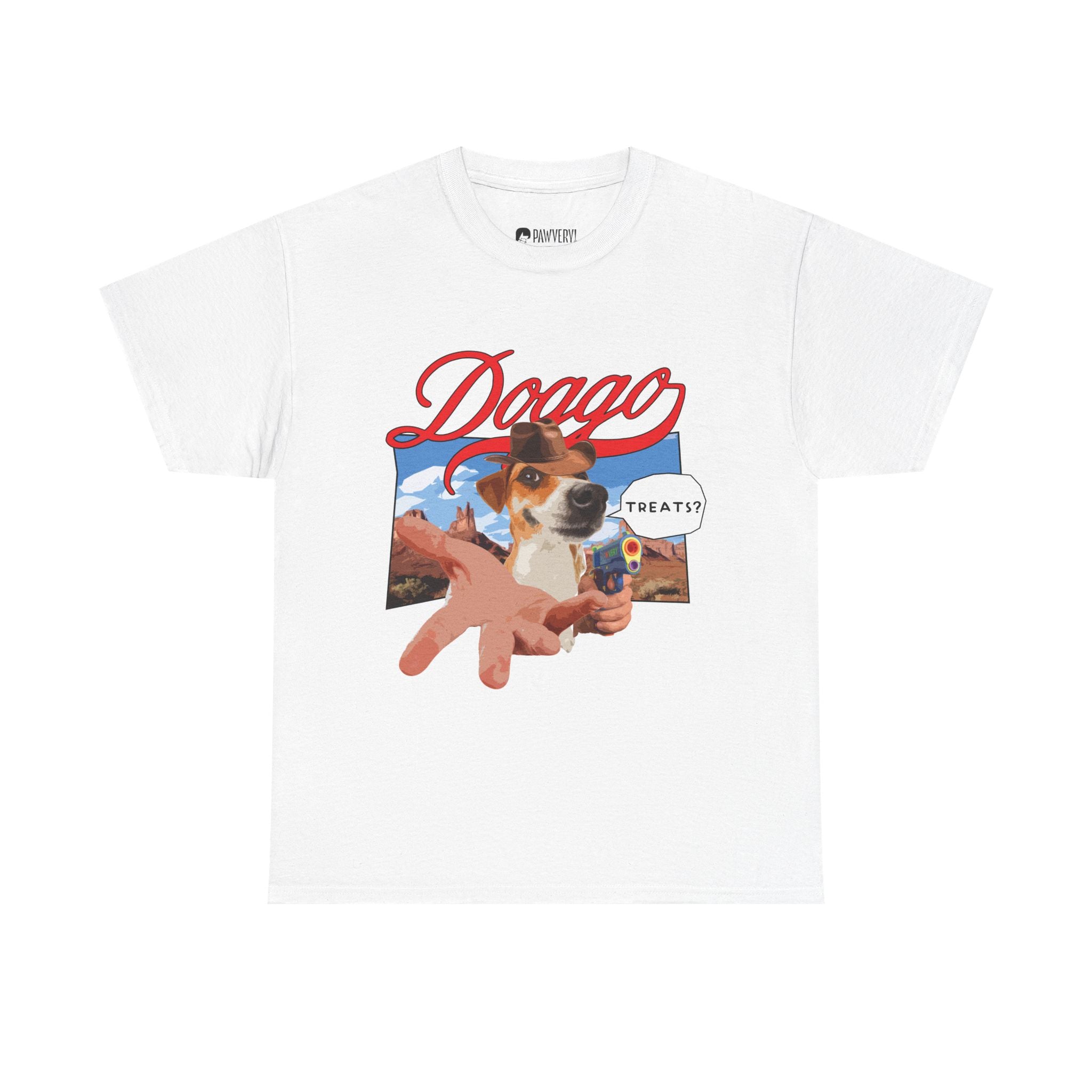 White t-shirt with a graphic of a dog and text on a white background