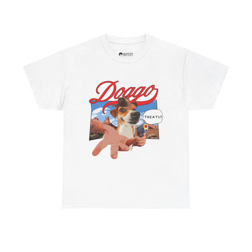 White t-shirt with a graphic of a dog and text on a white background